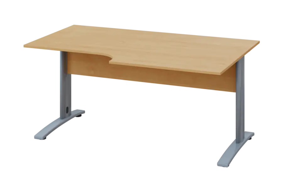 ERK 28 - 168 stůl kancelářský, rohový, pravý, kovová podnož stříbrná deska 25 mm, široký 1600 mm, javor horský